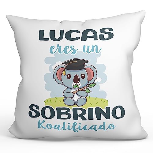 MUGFFINS Cojín Personalizable 40x40 cm para Sobrino Relleno Incluído - En Español - Koalificados Personalizados - Regalo Original y Divertido