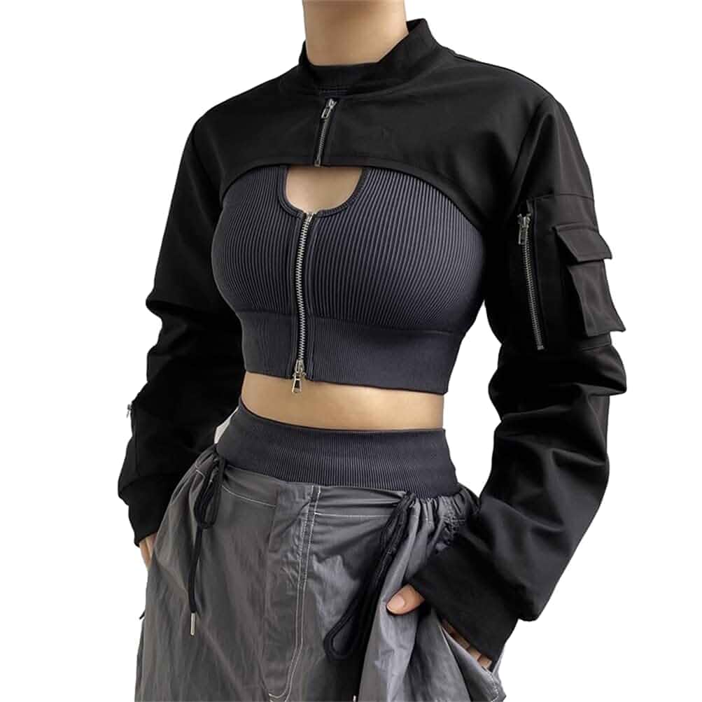 Goth Crop Top for Women 80s Emo Alt Punk Jacket Coat Long Sleeve