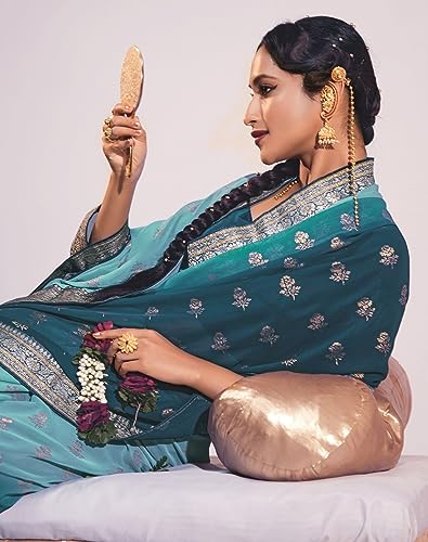 Image of SIRIL Women's Lace & Foil Printed Georgette Saree with Unstitched Blouse Piece(2826S477 Teal, Turquoise Green)