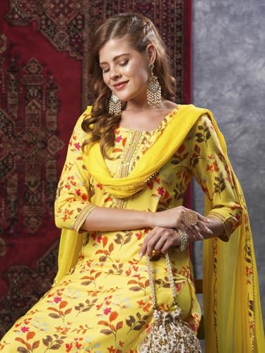 Image of GoSriKi Women's Cotton Blend Printed Straight Kurta and Pant with Dupatta Set