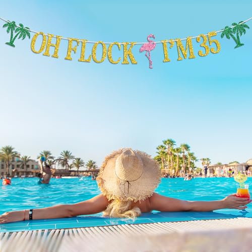 Image of Oh Flock I'm 35 Banner, Glitter Happy 35th Birthday Anniversary Party Decorations, Pineapple Party Decor, Hawaiian Luau Tropical Aloha 35 Theme Party Photo Props