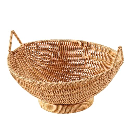 Cesta de frutas tejida, cuencos de almacenamiento para servir, cesta de pan de ratán de imitación, cuencos decorativos de mimbre con asas para encimera de cocina, mesa de comedor y uso en fiestas