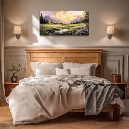 crmotu Large Landscape Wall Art, Mountain Wall Decor, River Wall Art, Natural Outdoor Canvas Prints, Meadow Wildflowers Pictures for Living Room Bathroom Kitchen Rustic Farmhouse 20x40inch