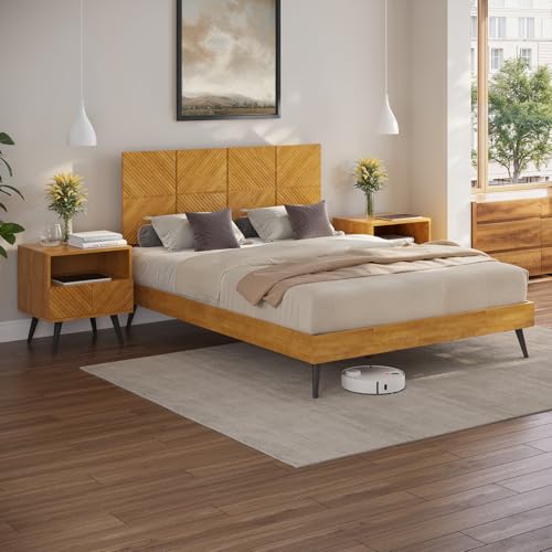 Image of Bme Rhombus Queen Bed Frame - Solid Rubber Wood with Geometric Rhombus Headboard, Teak Brown Finish, Scandinavian Modern Platform Bed with Sturdy Slats & Metal Legs, No Box Spring Needed