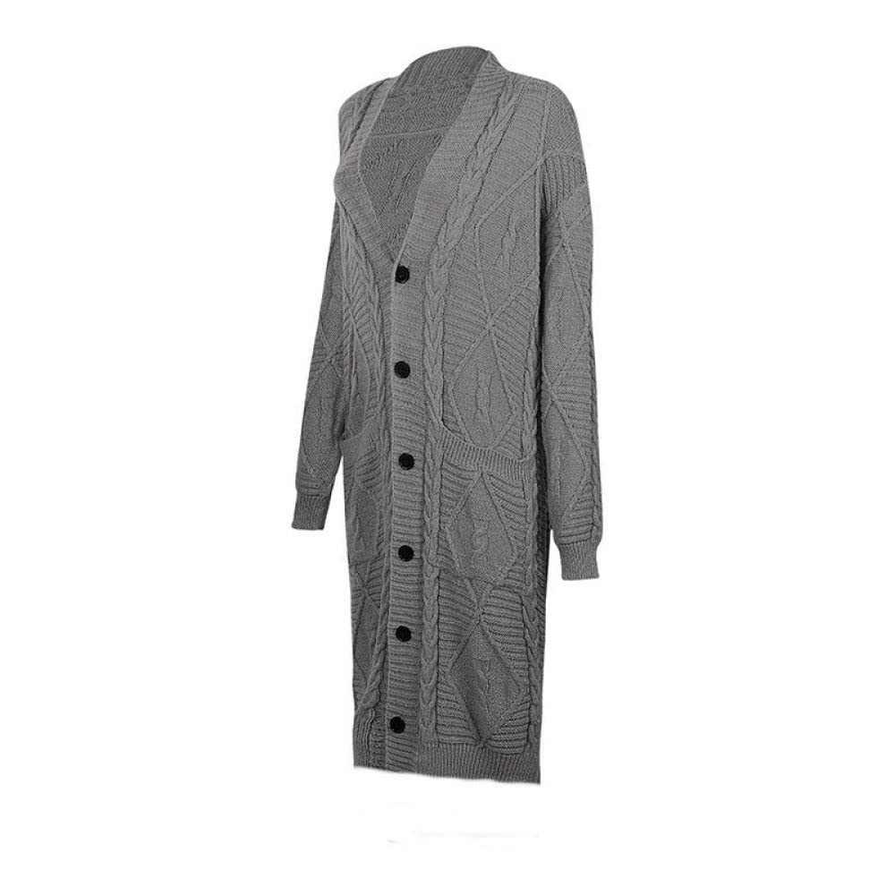 Cardigan Femme, Cardigan Femme Vintage Gris Foncé Col V Losange Torsadé Poche Jacquard Mi-Long Manteau En Tricot Doux Printemps Automne Chaud Veste En Tricot Manches Longues Bouton Ouvert Pull Sor