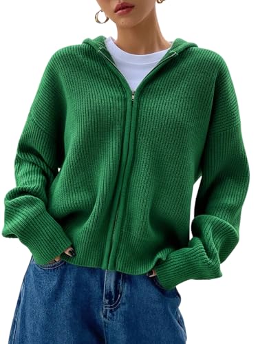 Image of SOLY HUX Zip Up Cardigan for Women Hooded Cardigan Sweater Knitted Drop Shoulder Fall Clothes Winter Hoodies Outerwear