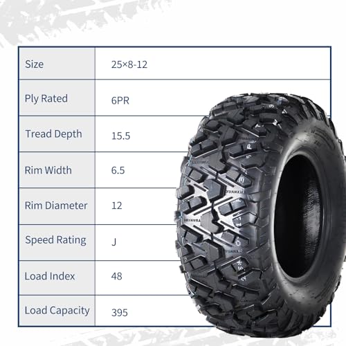 Image of GarveeTech ATV /UTV Tires, Set of 4-25x8-12 Front & 25x10-12 Rear All-Terrain Tires, 6-Ply Tubeless, for Off-Road, Mud, Dirt and Trails