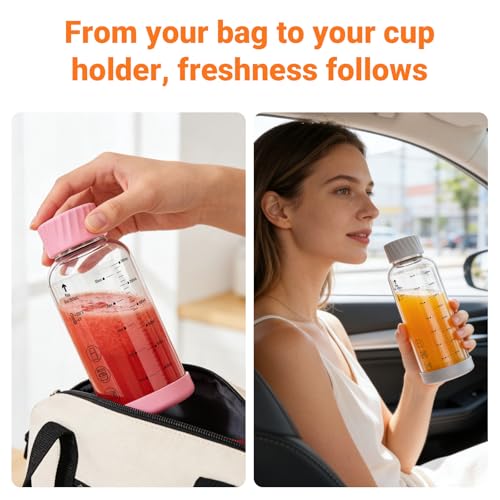 Image of Luxfuel 12 oz Glass Juice Bottles, 6 Pack Leakproof Borosilicate Glass Bottles with Measurement Marks & Stainless Steel Lids for Juicing, Smoothies - Ideal for Office Workers & Healthy Home Juicing