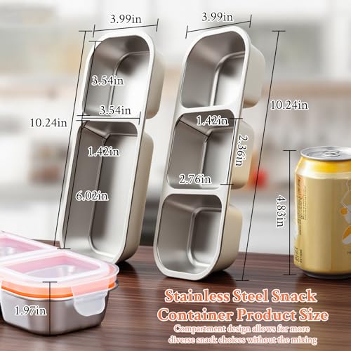 Image of 2 Pack Stainless Steel Snack Containers, 3+2 Compartment Snack boxes, Reusable Snack Containers with Lids for Adults - Leakproof Divided Metal Food Storage Bento Lunch Box for Work, Office, Travel