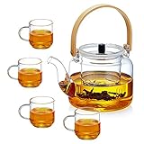 Glass Teapot Set,1000ml/34oz Teapot Set with Removable Infuser and 4 cups,Borosilicate Glass Teapot for Stovetop Safe,Blooming and Loose Leaf Tea Maker Set