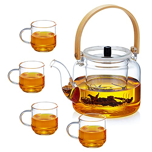 Glass Teapot Set,1000ml/34oz Teapot Set with Removable Infuser and 4 cups,Borosilicate Glass Teapot for Stovetop Safe,Blooming and Loose Leaf Tea Maker Set