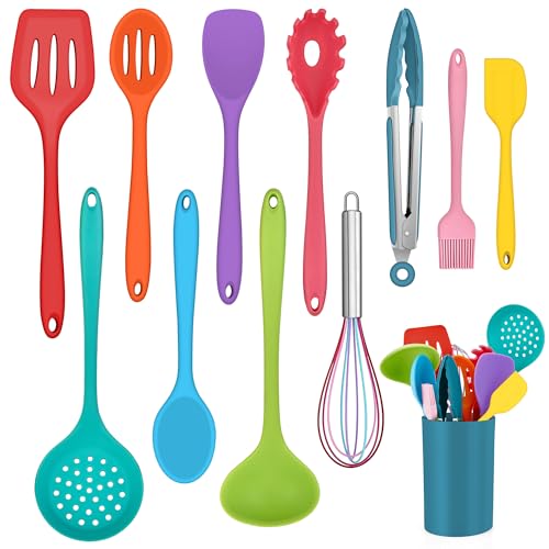 Onader Kitchen Utensil Set, 12 Piece Silicone Cooking Utensils with Holder, Heat Resistant Kitchen Tools Turner Spatula Spoon for Non-Stick Cookware, Easy Clean & Dishwasher Safe, Multicolor Onader Kitchen Utensil Set, 12 Piece Silicone Cooking Utensils with Holder, Heat Resistant Kitchen Tools Turner Spatula Spoon for Non-Stick Cookware, Easy Clean & Dishwasher Safe, Multicolor