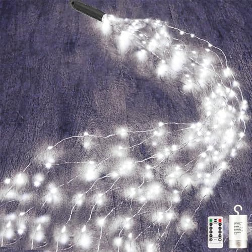 Dekofun Guirnalda de luces de Navidad de 2 m, 200 LED, con batería, temporizador, mando a distancia, 8 modos, resistente al agua, para Navidad, exterior e interior, color blanco frío