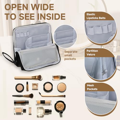 standing makeup bag, Women's Large Capacity Foldable Magnetic Travel Makeup Storage Bag, waterproof pu leather Portable Open makeup bag with dividers,pink4