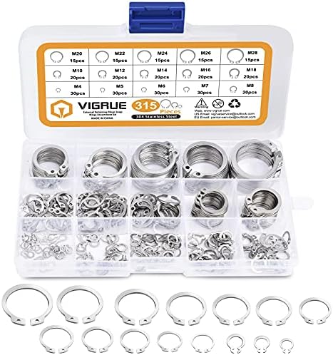 VIGRUE 315Pcs External Retaining Rings Snap Rings Assortment kit 304 Stainless Steel External Circlip Snap External Retaining C-Clips Rings Set, 15 Sizes (304 Stainless Steel Circlip)