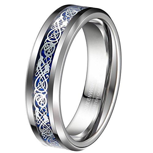 6mm Unique Silver Tungsten Celtic Wedding Bands for Women with Blue Carbon Fiber Engagement Couples Ring Comfort Fit2