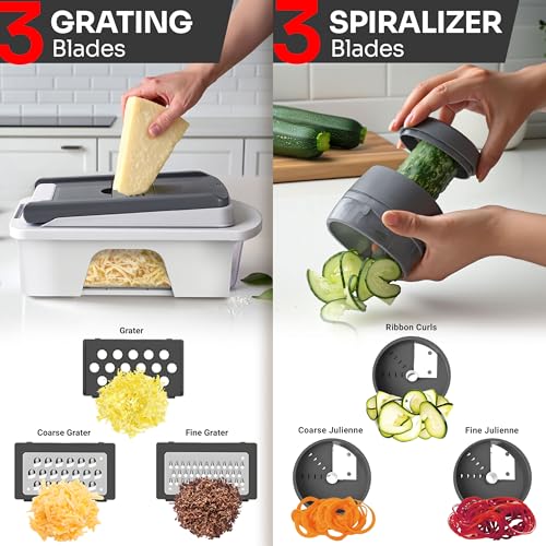 Image of Mueller Pro-Series All-in-One, 12 Blade Mandoline Slicer for Kitchen | Spiralizer, Food Chopper, Vegetable Slicer, Cutter, Dicer, Grater, Kitchen Gadgets with Container, White Sand /Gray