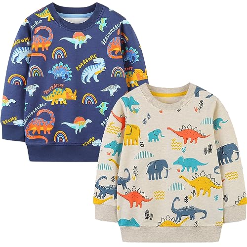 Image of GFQLONG 2 Pack Toddler Boys Long Sleeve Pullover Crewneck Tops Shirts, Cotton Warm Dinosaur Cartoon Sweatshirts,Blue+Gray,3-4T