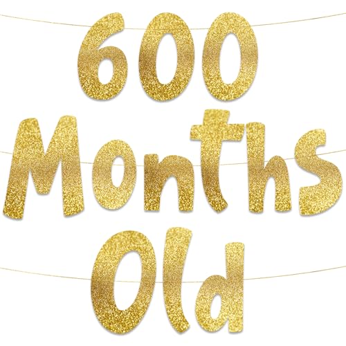 Pre-Strung 600 Months Old Gold Glitter Banner - 50th Birthday and Anniversary Decorations for Men and Women - Party Supplies and Gifts