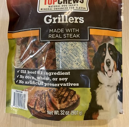 Top -Chews Natural Dog Treats, Grillers Made with Real Steak, Net Wt. 32 oz (Pack of 1)