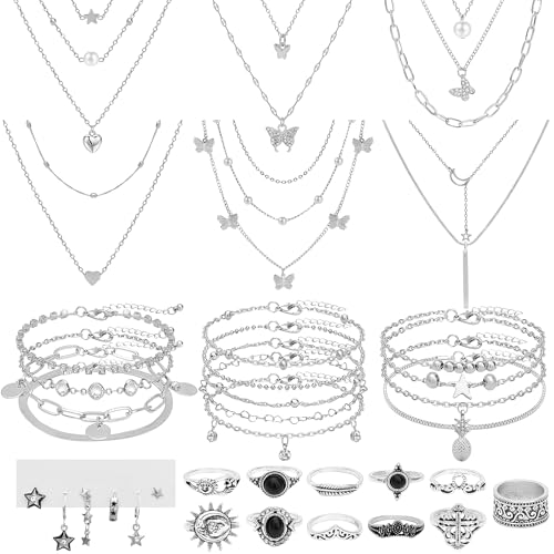 Image of NEWITIN 45 Pieces Silver Jewelry Set for Women Party Costume Punk Jewelry Set Goth Grunge Y2k Accessories Vintage Gothic Necklaces Bracelets Earrings Rings for Women Men