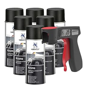 AUPROTEC Lakspray autolak zwart mat benzinebestendig kroma spuitlak verfspray 6X 400ml + 1x originele pistoolgreep