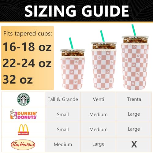 Image of YR Reusable Neoprene Insulator Sleeve for Iced Coffee Cups, 3 Pack Coffee Coolies sleeves for Iced & Hot Drinks, Cold Beverage Cooler Compatible with Starbucks Coffee and More (Floral Checkered)