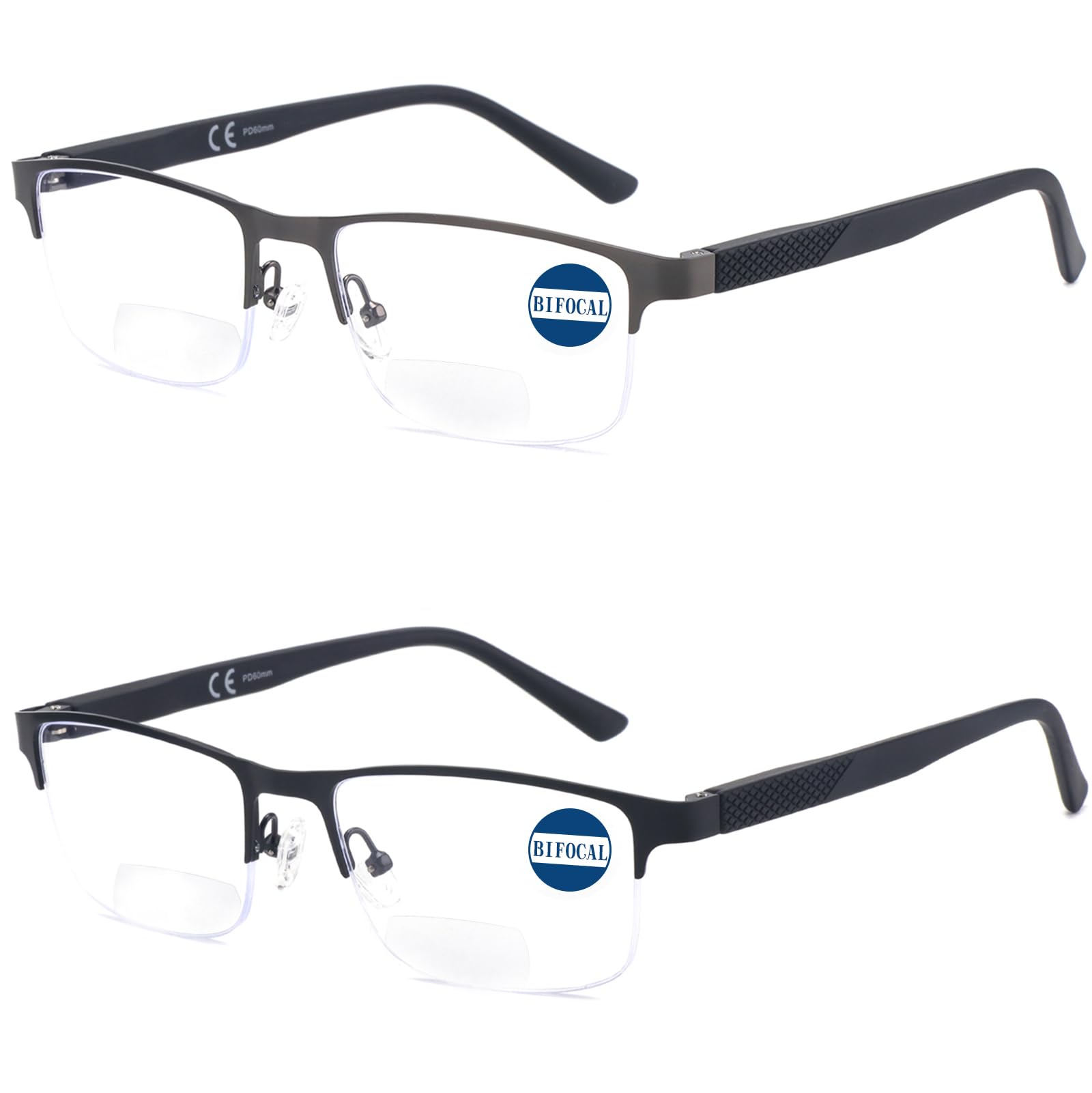 Missfive 2 Pack Mens +1.5 Bifocal Reading Glasses, Blue Light Blocking Far Near Dual-use Readers, Durable Spring Hinge Quality Metal Frame Eyeglasses, Black & Gunmetal