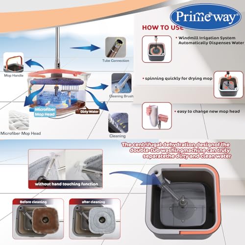 Image of Primeway Spin Mop & Bucket System | Dual Compartment Design for Clean & Dirty Water | 360 Swivel Mop Head | Built-in Scrubbing Brush, 128cm Hydraulic Handle & 22cm Sq Microfiber Pads | 3 LTR | Grey
