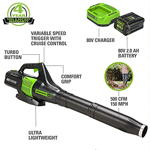 Image of Greenworks 80V Electric Leaf Blower, 500 CFM, 2.0 Ah Battery and Charger