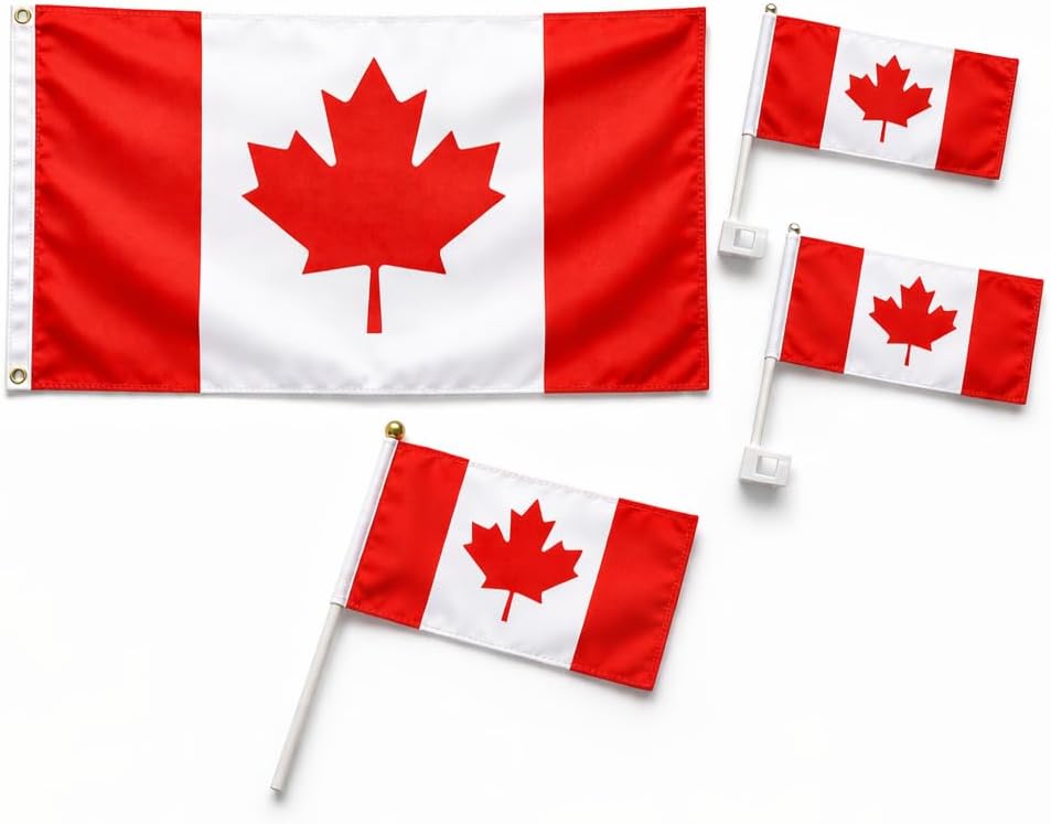 Canada Flag Kit – 4 Piece Canadian Flag Bundle with 3×5 ft Canada Flag with Grommets, 2 Car Window Flags 7.5×17 in with 17 in Pole, Mini Handheld Canada Stick Flag – Perfect for Canada Soccer Team