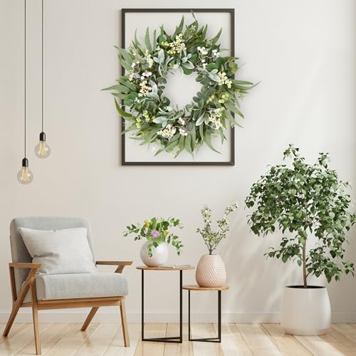 Sggvecsy Artificial Eucalyptus Wreath for Front Door 20 Inch Greenery Leaves Wreath Lambs Ear Wreath with White Berries Spring Summer Wreath for Farmhouse Window Porch Wall Home Indoor Outdoor Decor