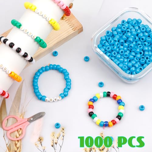 Image of 1000Pcs Pony Beads Bracelet 9mm Blue Plastic Barrel Pony Beads for Necklace,Hair Beads for Braids,Key Chain,Jewelry Making (Blue)