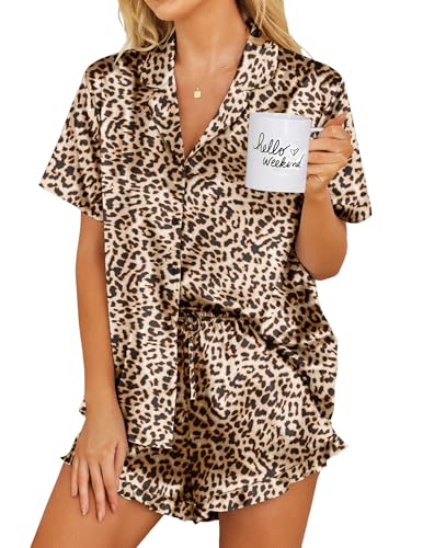 Image of Ekouaer Womens Satin Pajamas Set Button Down 2 Piece Silk Pjs Shorts Set Ruffle Lingerie Notch Collar Sleepwear