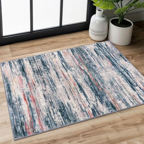 2x3 Teal Blue Peach Gray Multi Modern Abstract Rug for Entryway, Super Soft Small Washable Area Rugs, Non-Slip Low-Pile Mat Carpet for Kitchen, Bedside, Indoor Door Mat