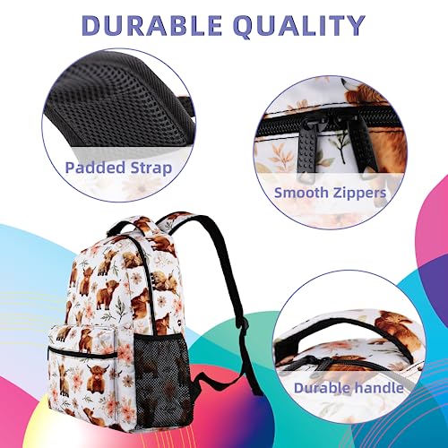 Highland Cow Backpack for Girls Boys, Elementary Middle High School Bookbags for Teen Kids, Large Travel Laptop Back Packs for College Students, Durable Lightweight School Bag, Highland Cattle Pattern3