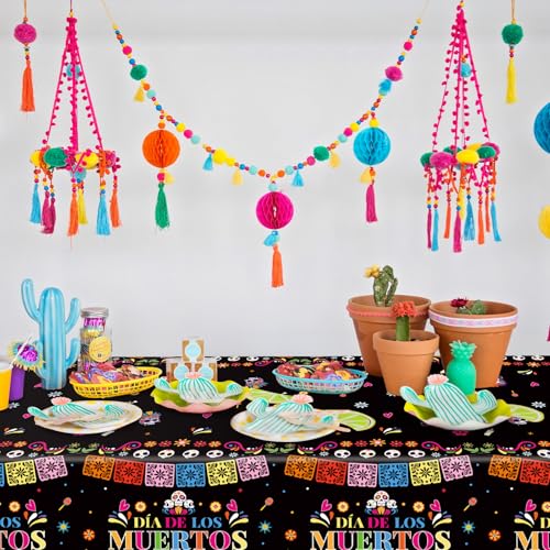 Image of Gistome 3-Piece 54 x 108 Inch Day of the Dead Plastic Tablecloth - Colorful Sugar Skull Disposable Table Cover for Dia de Los Muertos, Mexican Fiesta, and Halloween Party Decorations