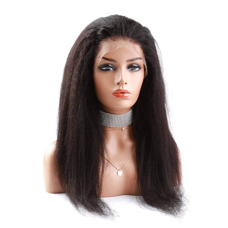 Bella Hair Kinky Straight Human Hair Full Lace Wig, 130% Density Dyeable Natural Black Remy Virgin Hair Yaki Straight Wig, 24inch