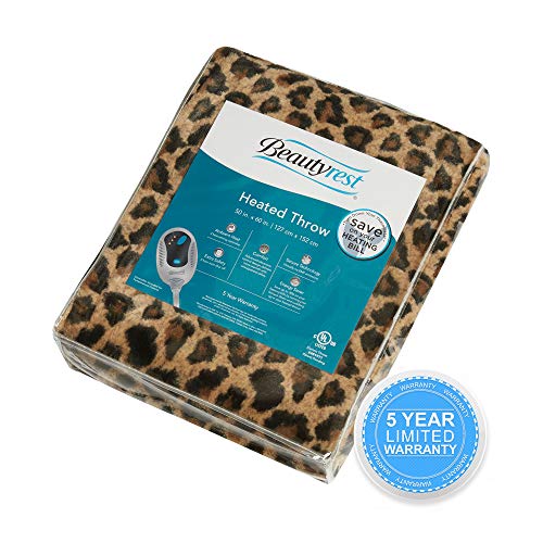 Beautyrest Brushed Long Fur Electric Throw Blanket Ogee Pattern Warm And Soft Heated Wrap With Auto Shutoff, 50 In X 60 In, Leopard #TOP6