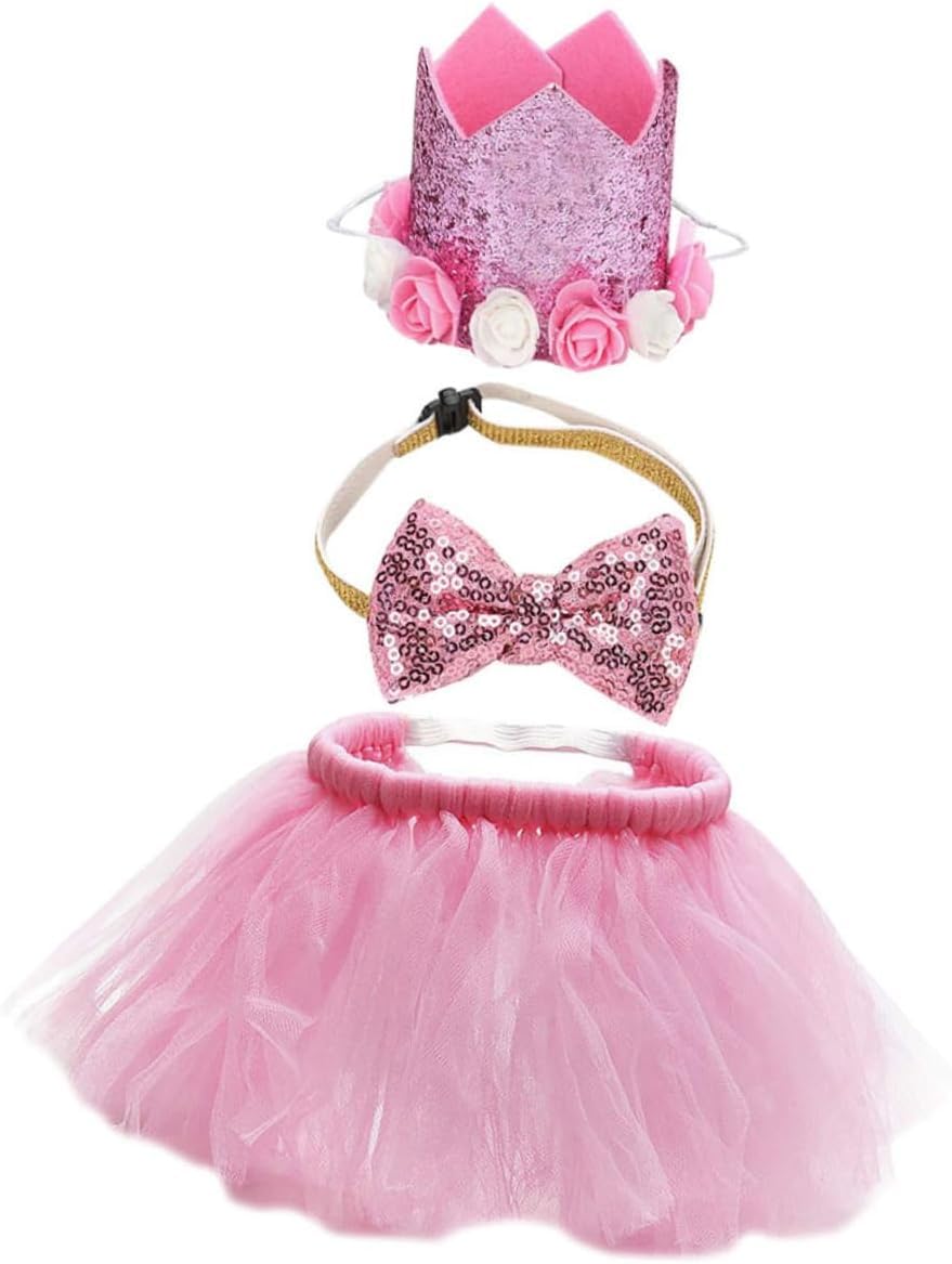Pet mesh dress pet tie dog birthday outfits dog clothes for medium dogs for girls flash costume dress for girl dog birthday party skirt pet birthday hat（1 Set Pink）