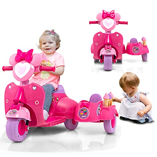 GOPLUS Moto Électrique Enfants 3-8 Ans de Gelato avec 1 Bac Latéral, Scooter 6V de 3 Glace avec Phare Forme de Cœur, 2.5km/h Jusqu’à 30kg Cadeau Garçon Filles(Rose)