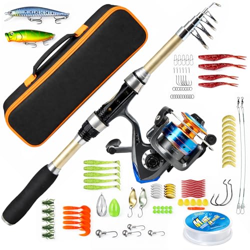 Teleskop Angelrute Set mit Rolle, Spinnrute aus Fiberglas, Angelset komplett mit Angelschnur, Köder und Tragetasche, tragbares Reise Angelset für Süß- & Salzwasser (1.8M)
