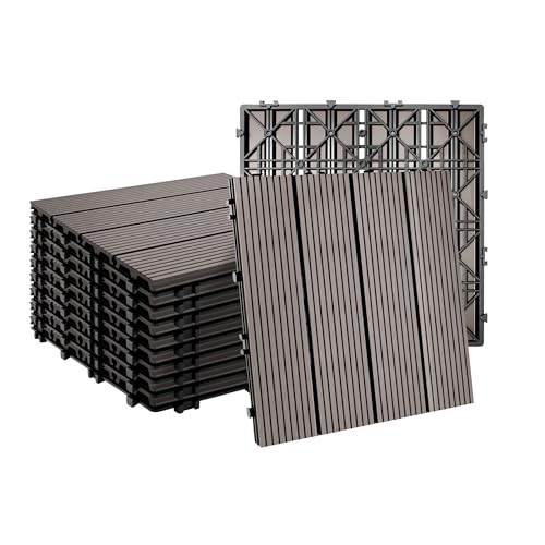 Relaxdays WPC Fliesen, 11 Stück, 30x30 cm, Balkonfliesen wetterfest, Terrassenplatten Klicksystem, 1 m², Holzoptik, grau