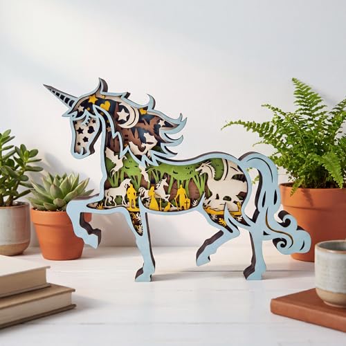 Image of FNYDOX 3D Wooden Unicorn Night Light - Multi-Layer Carved Animal Lamp with LED, Enchanted Forest & Castle Decor, Boho Nursery Wall Art, Unique Mythical Creature Gifts for Girls, Kids and Women