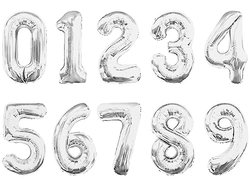 Image of Number Balloons 16 Inch Mylar Foil Number 0-9 Balloons Set for Party Decoration Custom Digital Balloons 10 Pieces Party Supplies (Silver)