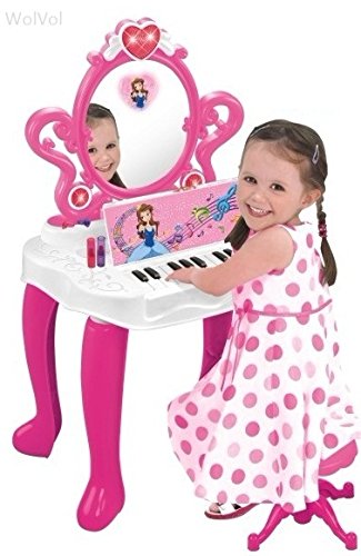Wolvolk 2-In-1 Vanity Set Girls Toy Makeup Accessories With Working Piano & Flashing Lights, Big Mirror, Cosmetics, Working Hair Dryer - Glowing Princess Will Appear When Pressing The Mirror-Button #TOP1