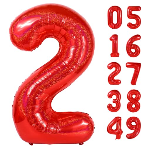Image of Laser Red 2 Balloon, Number Balloons 40 Inch, 2nd Balloon Number Birthday Decorations, Second Two Birthday Party Supplies, Number 2 Balloon