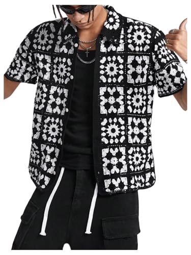 Verdusa Men's Old Money Graphic Button Down Shirts Short Sleeve Collared Knit Top