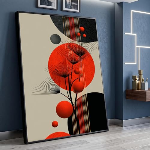 Cuadro abstracto botánico LMYCHENG de flores geométricas en rojo y negro para pared (20x30cm)