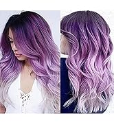 Amnenl Long Wave Ombre Purple Lace Front Wigs with Dark Roots Long Purple Wavy Wig with Highlight...